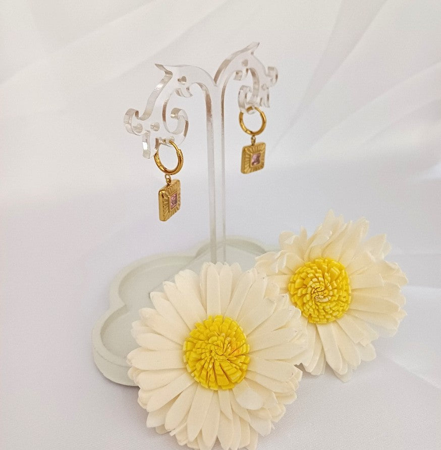 Square Pink Stone Earring