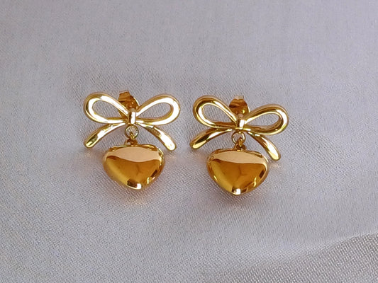 Golden Bow Heart Drop Earring
