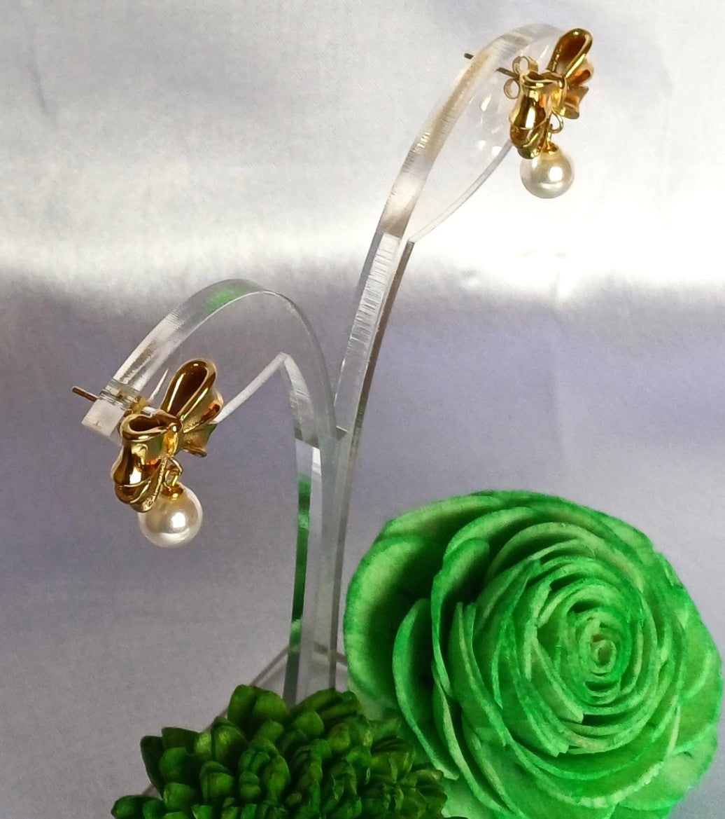 Golden Bow Pearl Studs