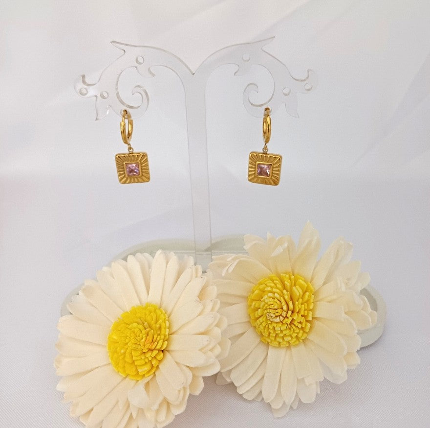 Square Pink Stone Earring